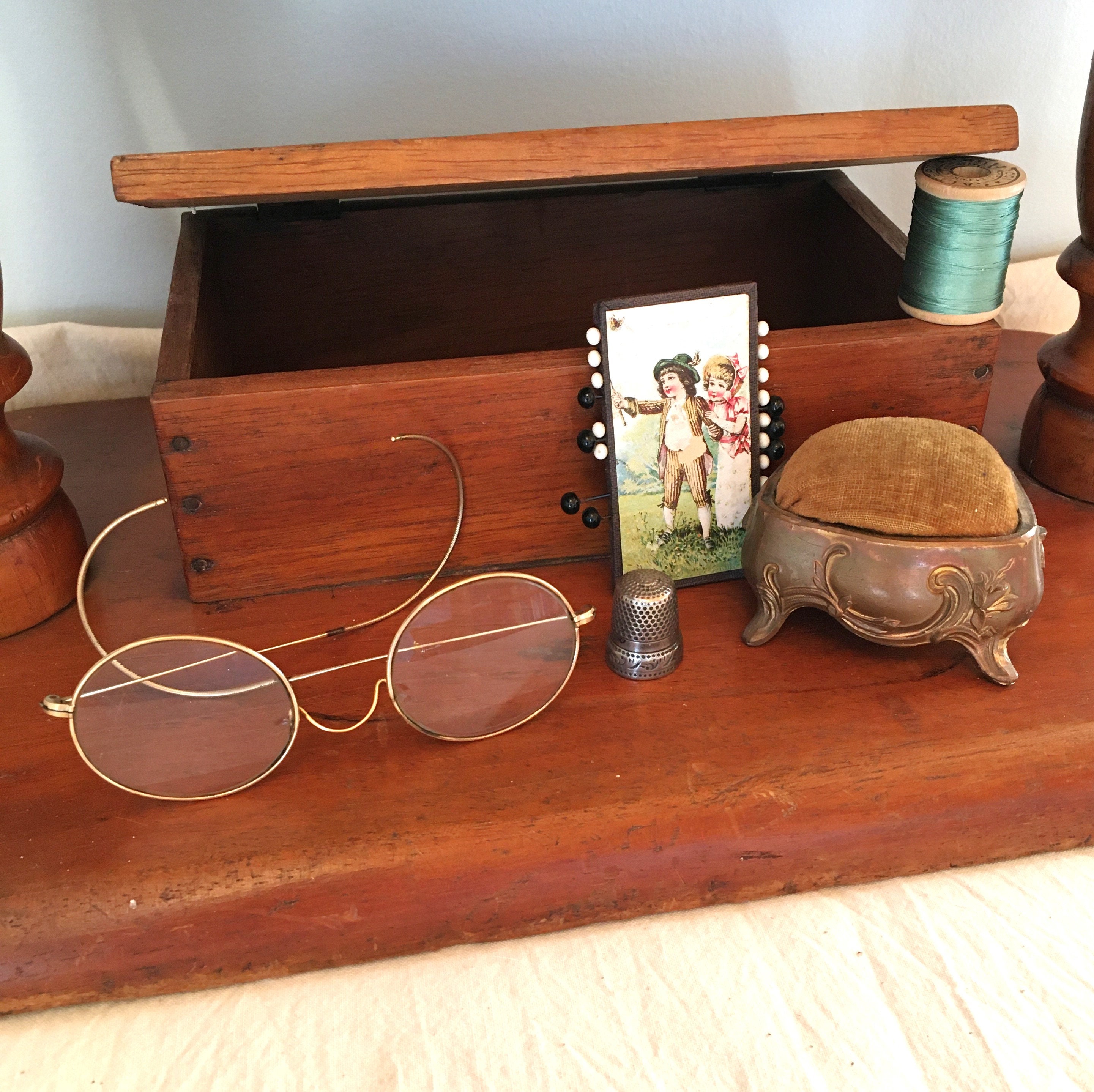 1800's Bobbin Lace Roller Pillow Stand With Attached Storage Box, Lace