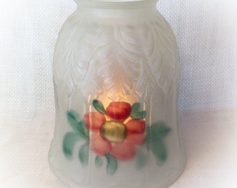 Antique Frosted Glass Lamp Shade Hand Painted Floral, Early Electric Era