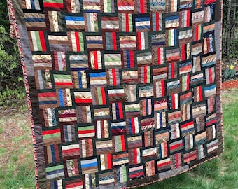 Early 1900's Quilt: Silk, Wool, Velvet Rail Fence Pattern, Winter Quilt