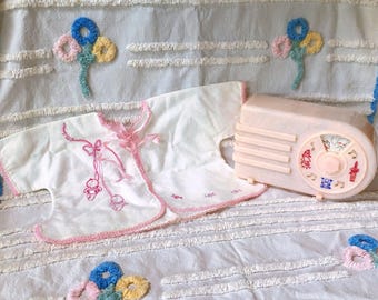 1940s–50s Baby Set: Chenille Bedspread, Handmade Flannel Jacket, Nursery Music Box