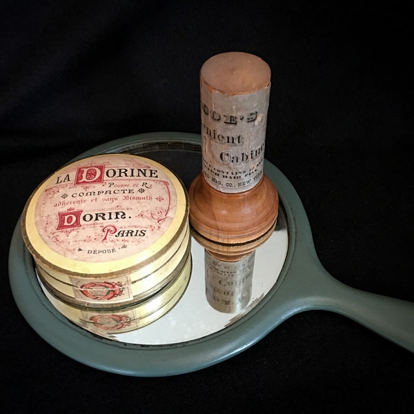 1914 La Dorine Makeup Powder Container, Marked 1914 and Doe’s Convenient Cabinets Hair Pins Container