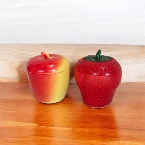 Mid Century Hazel Atlas Milk Glass Jam Jars: Apple & Strawberry
