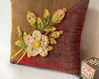 Victorian Era Silk Velvet Pin Cushion, Pillow, Hand Stitched