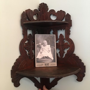 Antique Fretwork Corner Shelf: Dark-Stained Wood, Victorian Display