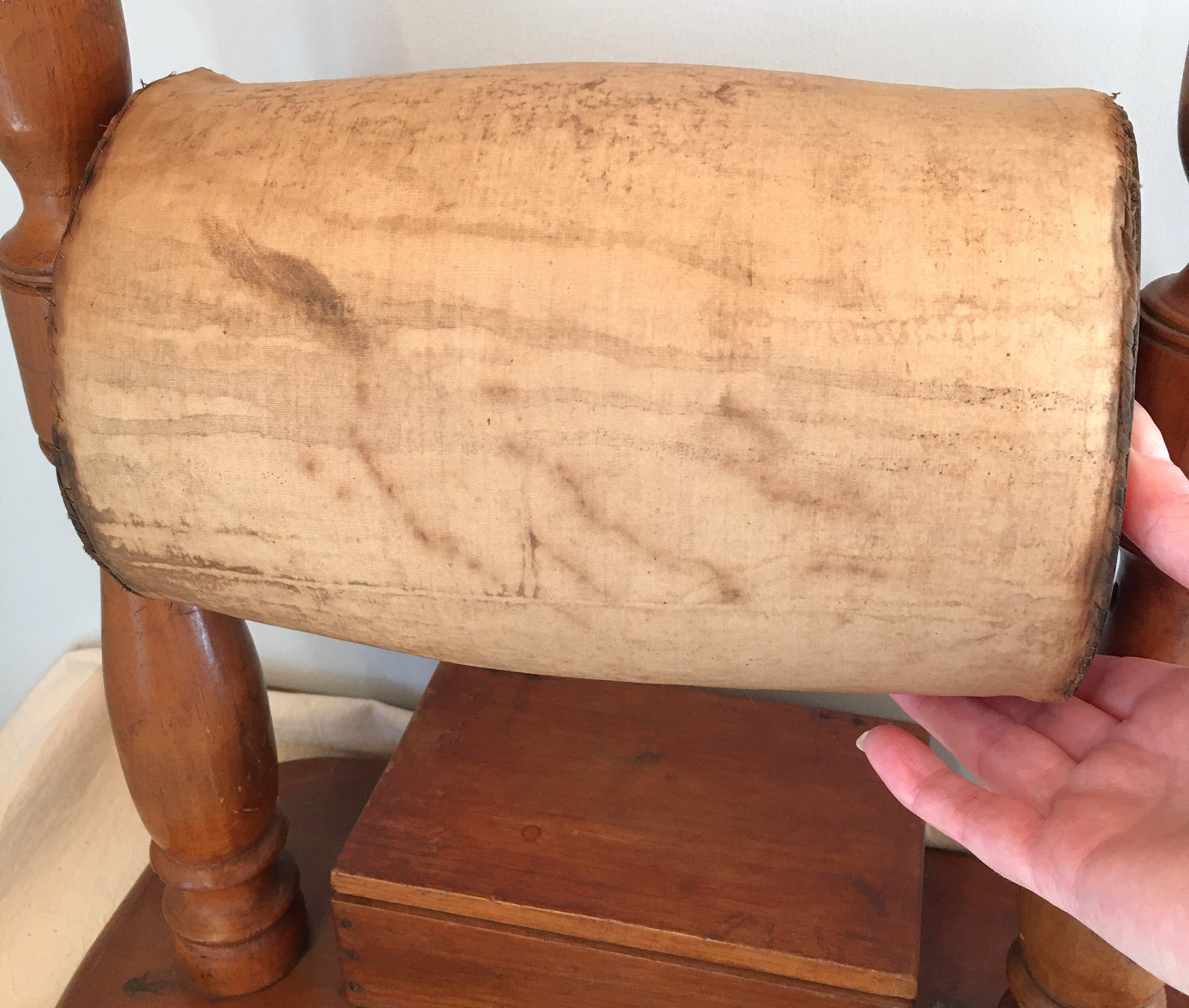 1800's Bobbin Lace Roller Pillow Stand With Attached Storage Box, Lace