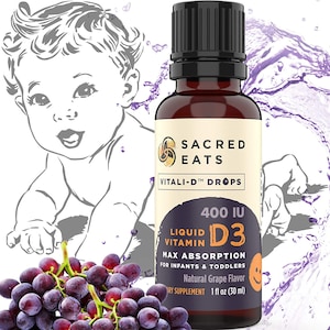 Sacred Eats Vitamin D Drops for Infants - 400 IU Per Drop, Natural, Sugar Free in MCT Oil. Liquid D3 Supplement for Baby, Toddlers (Grape)