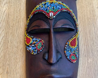Hand Carved African Wooden Mask with Beads & Cowrie Shell