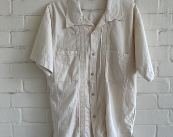 Vintage Embroidered Guayabera Shirt: Mexican button down Shirt, cream Size M