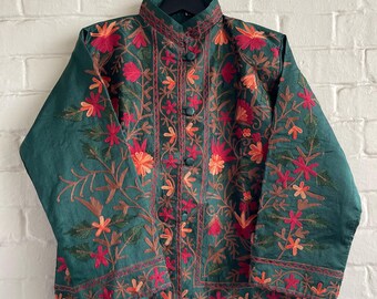 Green Raw Silk Nehru Jacket, Kashmiri Embroidered Floral Jacket (L)