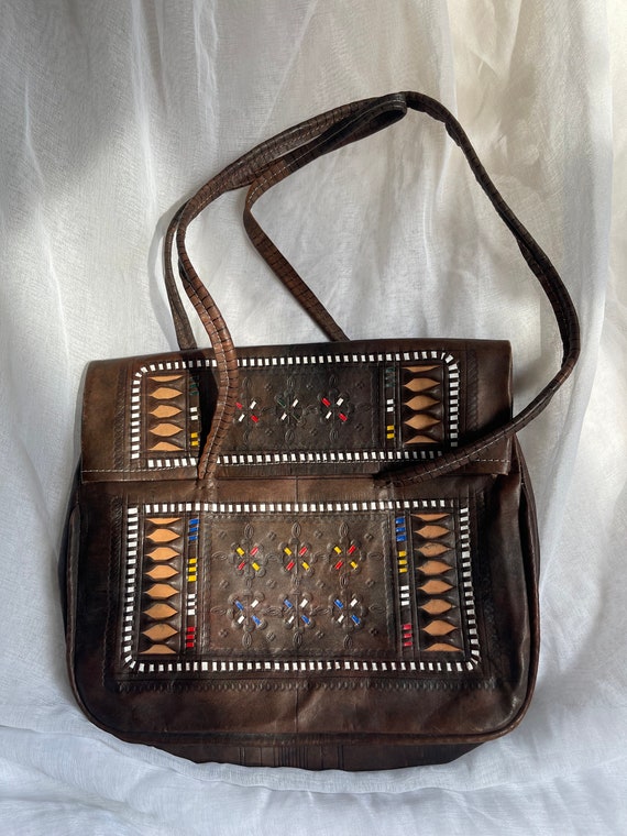 Leather moroccan tooled bag artisan leather purse 