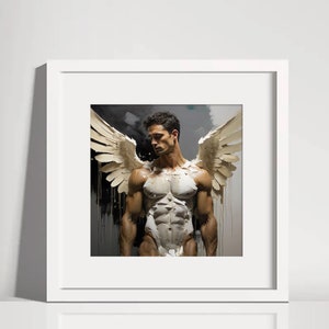 May include: A painting of a muscular man with white wings, standing against a dark background. The man is looking down and his wings are spread out behind him.