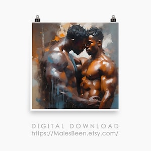 Male Gay Couple Digital Art AI Generated Realistic Art Oil Painting Black Skin Gay Men, Printable, 1:1 ratio, Home Decor, Digital Download