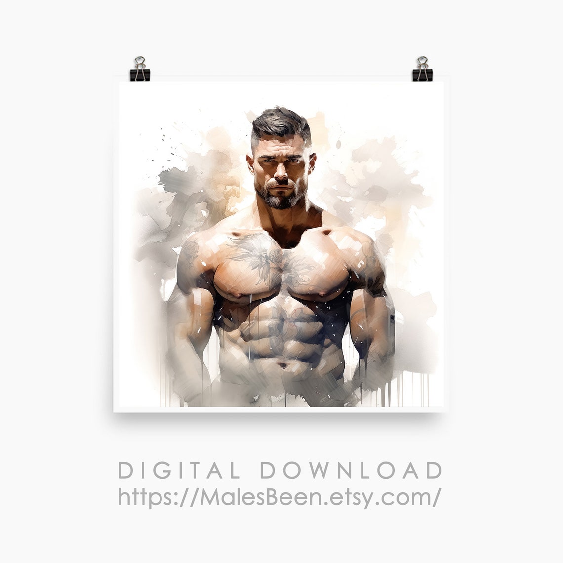 Muscle Male Nude Portrait Digital Gay Art AI Generated, Male Erotic