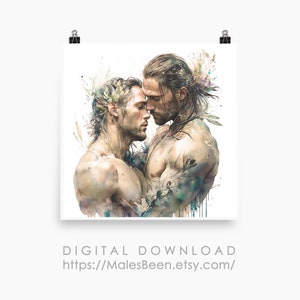 Male Gay Couple Hugging Digital Art Ai Generated Realistic Watercolor Painting Wall Art Printable Poster Postcard 1:1 ratio Digital Download