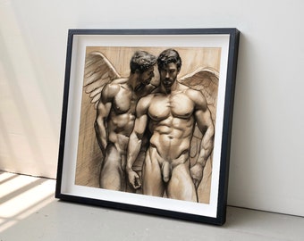 Gay Angel Art Print: Male Couple, Muscled Torso Illustration (Digital Download)