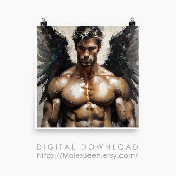 Muscled Man Nude Figure, Angel Wings, Gay Art AI Generated, Realistic Gay Oil Painting, Wall Decor, Poster, 1:1, Printable, Digital Download