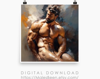 Muscle Male Torso Portrait, Realistic Oil AI Digital Painting (Digital Download)