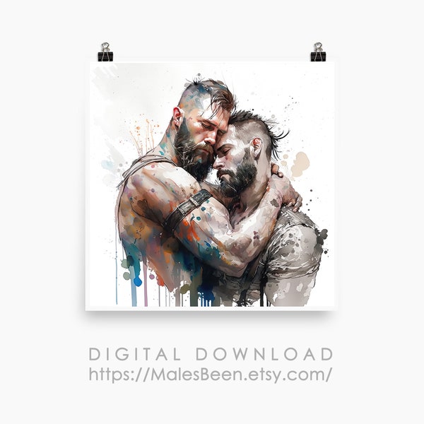 Male Gay Couple Hugging Digital Art Ai Generated Realistic Watercolor Painting Wall Art Printable Poster Postcard 1:1 ratio Digital Download