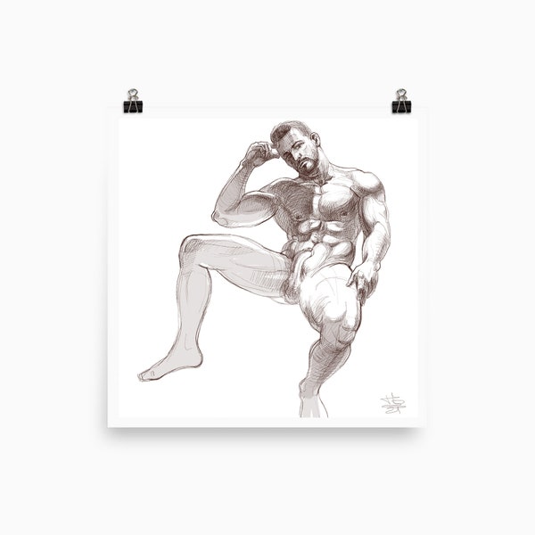 Erotic man nude art, gay art square wall poster, gay postcard, male nude art sketch, man nude art, modern digital art, digital download, 1:1