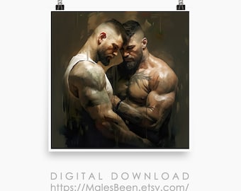 Coppia gay che si abbraccia: ritratto maschile romantico, dipinto a olio con intelligenza artificiale (download digitale)