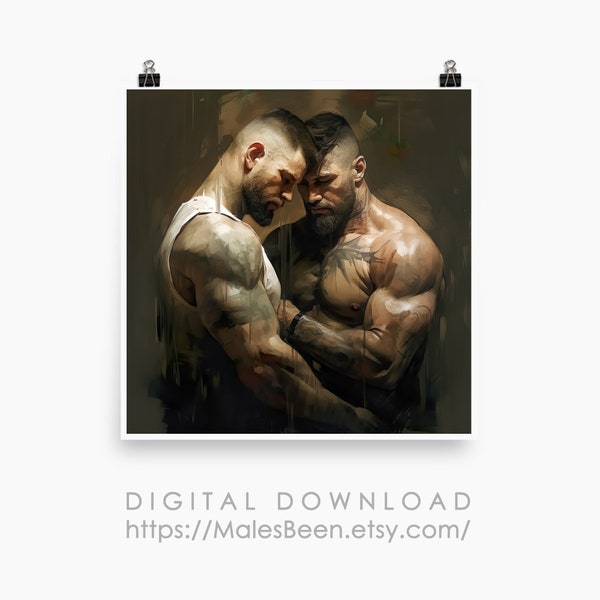 Male Gay Couple Digital Art Ai Generated, Realistic Art Oil Painting, Wall Art Poster, Printable, 1:1 ratio, Home Decor, Digital Download