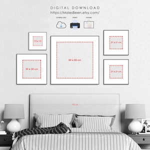 May include: A digital download of a printable wall art design. The image shows a mockup of the design in different sizes, including 15x15 inches, 30x30 inches, 60x60 inches, and 21x21 inches. The design is shown on a wall above a bed with a headboard.