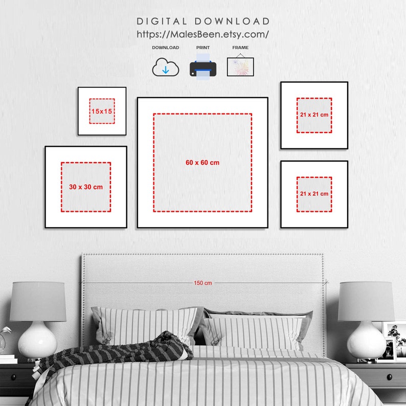 May include: A digital download of a printable wall art design. The image shows a mockup of the design in different sizes, including 15x15 inches, 30x30 inches, 60x60 inches, and 21x21 inches. The design is shown on a wall above a bed with a headboard.