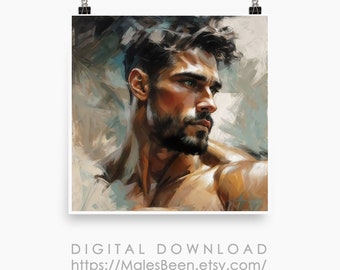 Dipinto a olio di uomo barbuto: ritratto maschile moderno (download digitale)