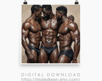 Gay Throuple Art: Black Men Oil Painting (Digital Download, Updated v2.0)