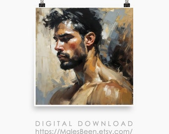 Dipinto a olio di uomo barbuto: ritratto di arte gay moderna (download digitale)
