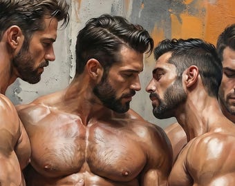 Gay Art Male Company, Realistic Oil Painting, Printable (Digital Download, Updated v2.0)