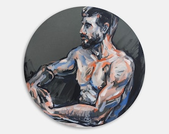 Pintura original en gouache, estudio de figura de hombre barbudo, arte académico, arte mural circular.