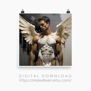 May include: A digital painting of a muscular figure with white wings, standing against a dark background. The figure is painted in a realistic style, with visible muscle definition and a textured surface.
