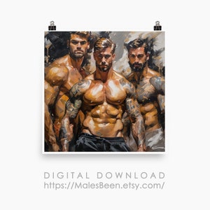 Mannelijke Throuple digitale Gay Art AI gegenereerd realistische kunst olieverfschilderij, muur Gay Poster, afdrukbare, 1:1 verhouding, Home Decor, digitale download