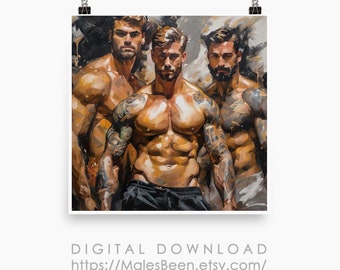 Male Throuple Digital Gay Art AI Generated Realistic Art Oil Painting, Wall Gay Poster, Printable, 1:1 ratio, Home Decor, Digital Download