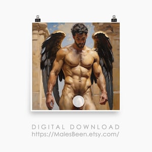 May include: A painting of a muscular, nude figure with black feathered wings standing in front of a stone wall. The figure has a serious expression and is looking directly at the viewer. The painting is done in a realistic style and has a dramatic feel.