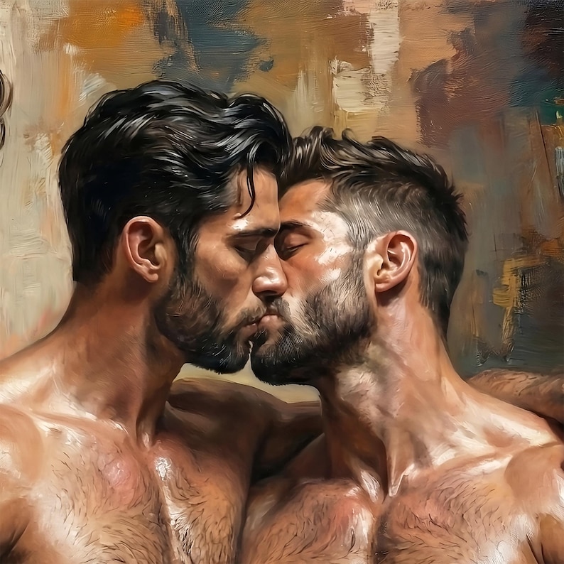 Gay Throuple Kissing Art: Realistic Oil AI Painting (Digital Download) image 4