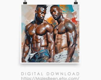 Impresión artística de pareja gay: Pintura al óleo de hombres negros expresionistas (descarga digital)