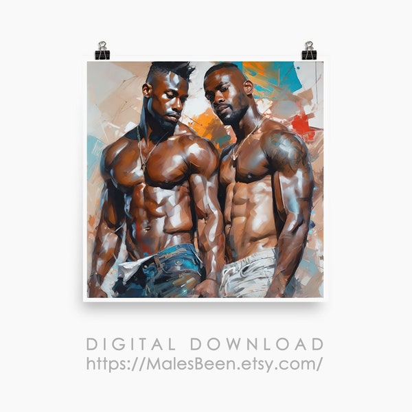 Male Gay Couple Digital Art AI Generated Realistic Art Oil Painting Black Skin Gay Men, Printable, 1:1 ratio, Home Decor, Digital Download