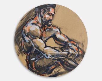 Pintura original en gouache, estudio de figura de hombre barbudo, arte académico, arte mural circular.