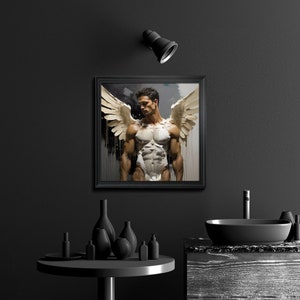 May include: A framed painting of a muscular man with white angel wings, standing against a dark background.