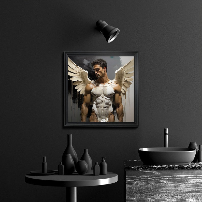 May include: A framed painting of a muscular man with white angel wings, standing against a dark background.