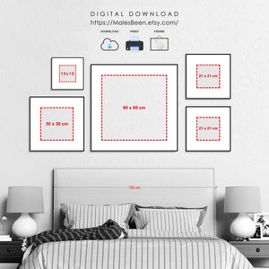 May include: A digital download of a printable wall art design. The image shows a mockup of the design in different sizes, including 15x15 inches, 30x30 inches, 60x60 inches, and 21x21 inches. The design is displayed on a wall above a bed with a headboard.