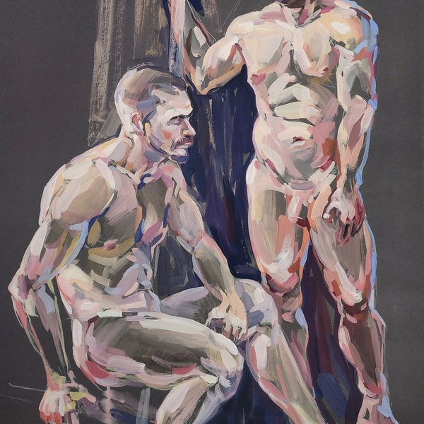 Nude Men Couple Figures, Original Figurative Expressionistic Painting, Male Couple, Gay Art, 70x50 cm, gouache on paper, original painting