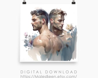 Male Gay Couple Digital Art Ai Generated Realistic Art Watercolor Painting Wall Art Printable Poster Postcard 1:1 ratio Digital Download