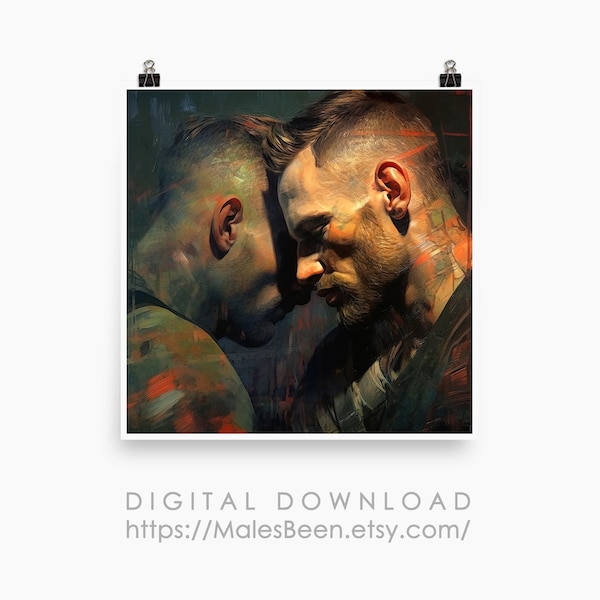 Male Gay Couple Hugging Digital Art Ai Generated, Realistic Portrait Oil Painting, Wall Decor, Gay Poster, Printable, Digital Download, 1:1