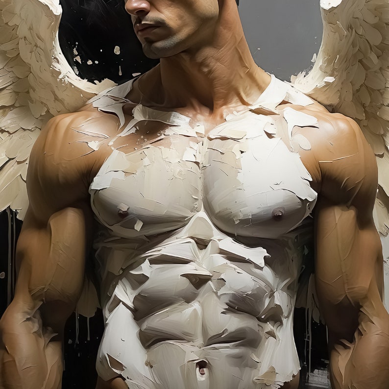 May include: A muscular man with a sculpted physique is covered in white paint, resembling a statue. He is posed with wings behind him, creating a dramatic and artistic image.