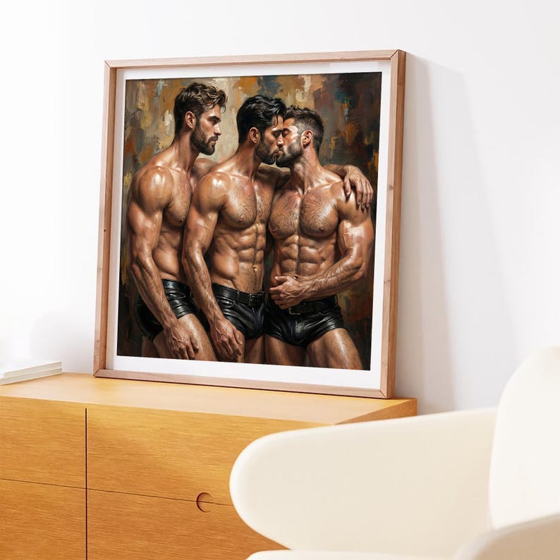 Gay Throuple Kissing Art: Realistic Oil AI Painting (Digital Download) image 2