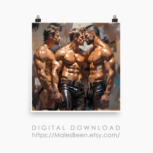 Male Gay Throuple Digital Art AI Generated Realistic Art Oil Painting, Wall Gay Poster, Printable, 1:1 ratio, Home Decor, Digital Download