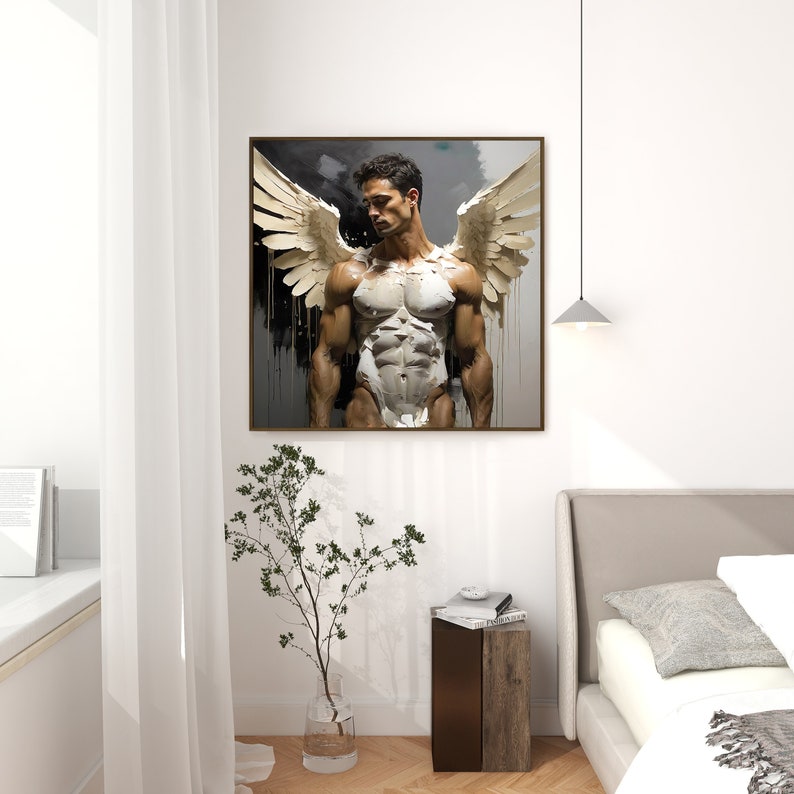 May include: A painting of a muscular man with white wings, standing against a dark background. The man is looking to the left, and his body is painted in a realistic style.